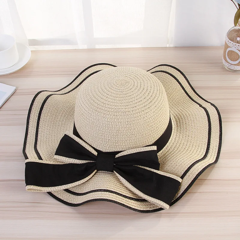 

New Summer Women's Boater Beach Hat Wide Side Female Casual Panama Hat Lady Classic Flat Bowknot Straw Sun Hat Women Fedora Gift