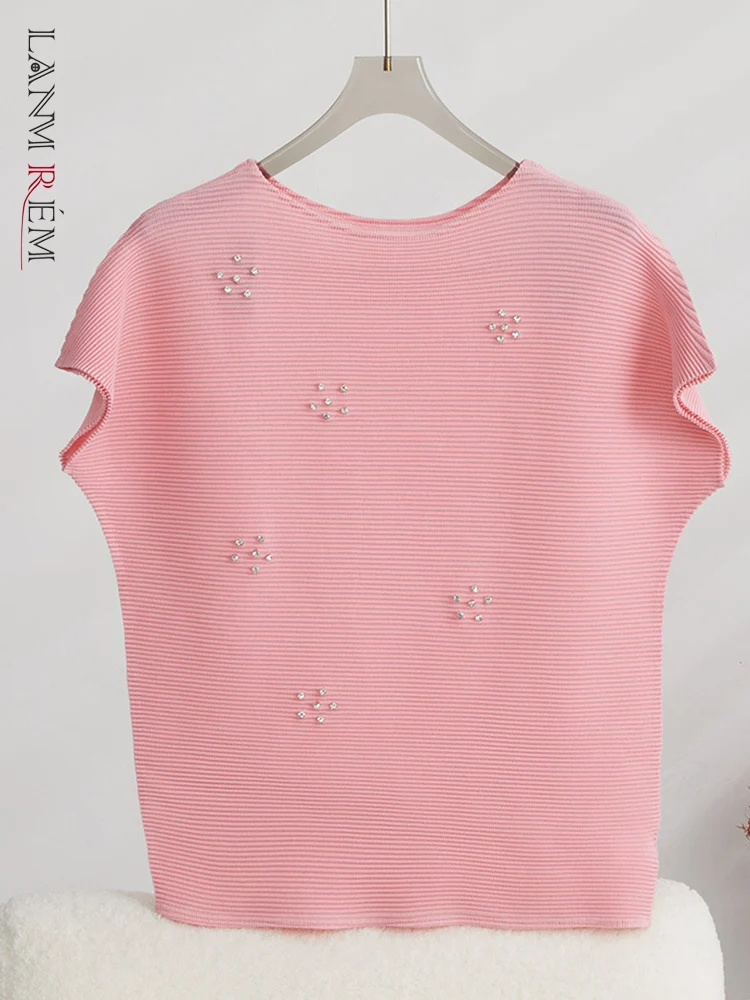 

LANMREM Fashion Pleated T-shirt For Women Round Neeck Short Sleeves Thin Tops Solid Color Clothing 2023 Summer New 32D415