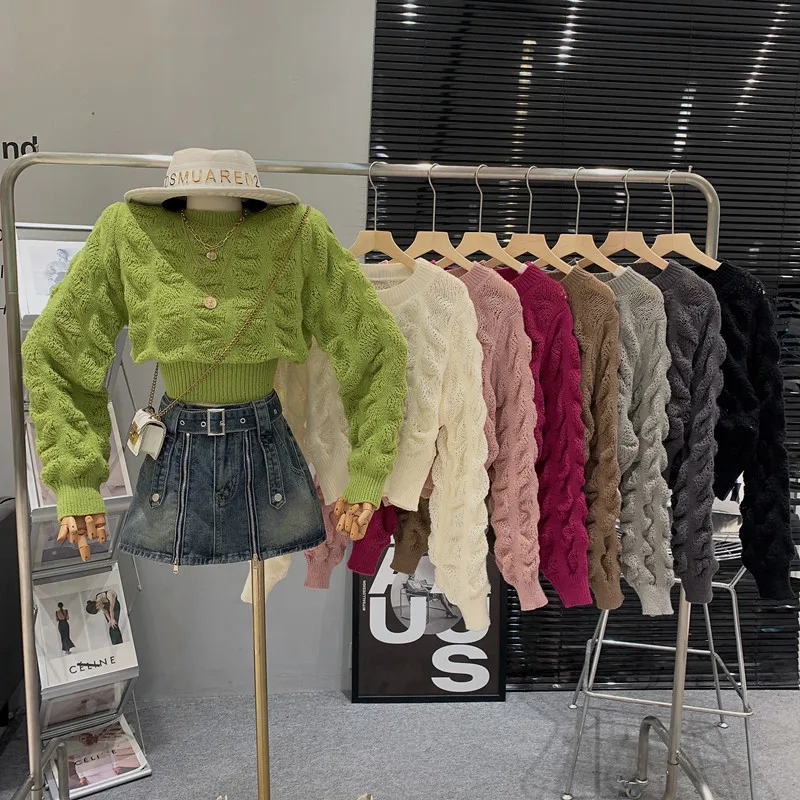 

Hollow out round neck Puff sleeved knitted sweater Candy colored design pullover short Top