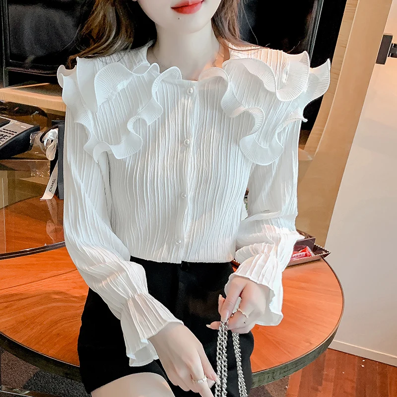 

Peter Pan Collar Agaric Edge Summer New Fashion Chiffon Blouses Women Korean Single Breasted Flare Sleeve Shirt Clothing 53H