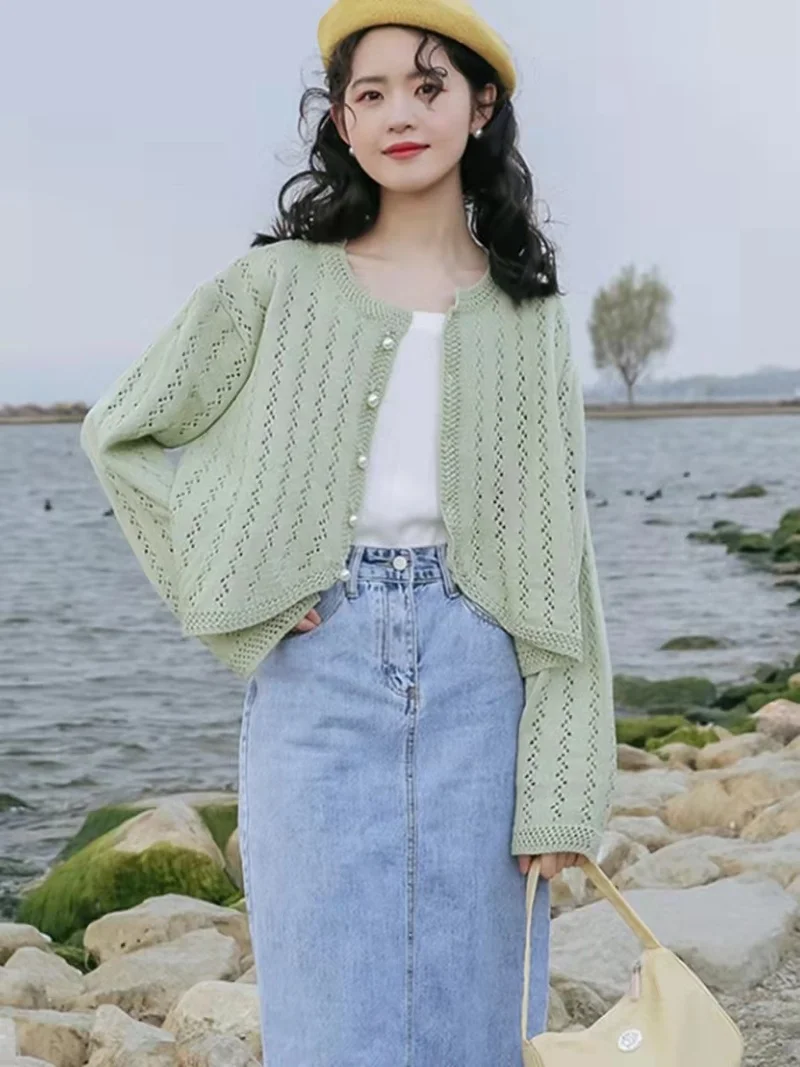 

WDMSNA Thin Knitted Cardigan Women Summer 2022 New Loose Short Womens Sweaters Hollow Out Sunscreen Cropped Sweater Top Women