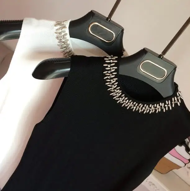 

sleeveless sweater bead drill pullover line retro vest white knit top women