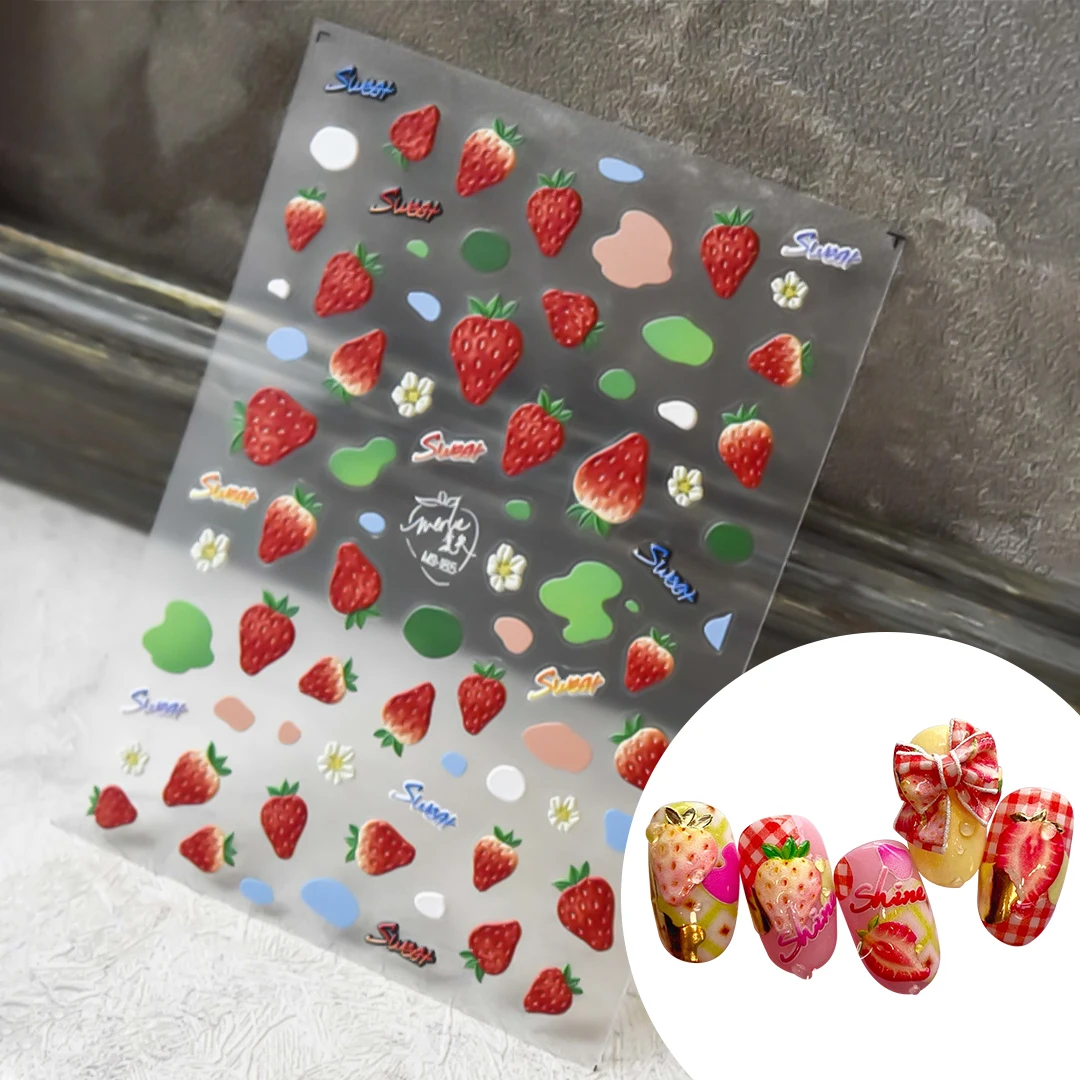

Наклейки для ногтей в виде весенней клубники с фруктами 5D, милые Выгравированные наклейки для ногтевого дизайна, Переводные украшения для н...