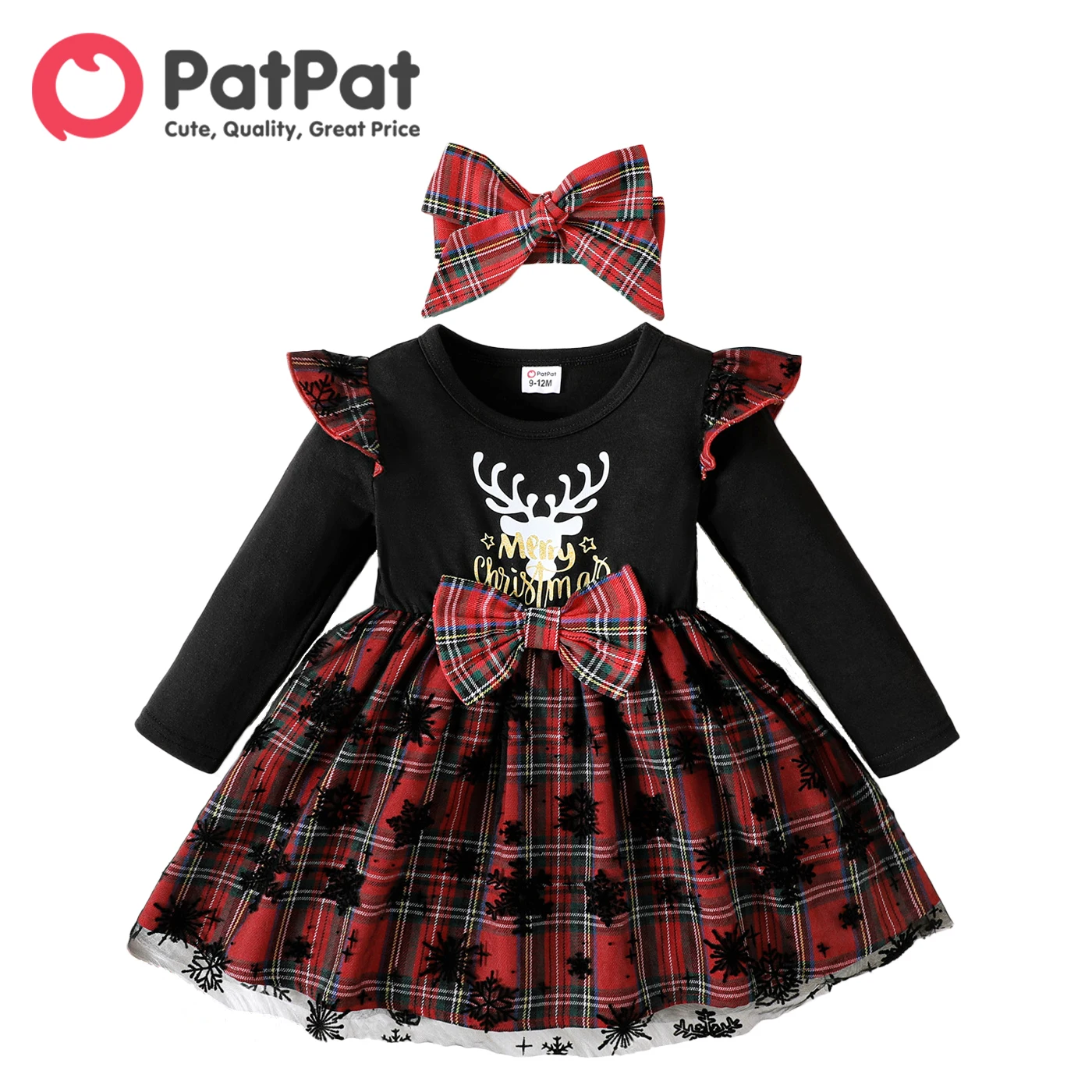 

PatPat Christmas 2pcs Baby Girl Deer & Letter Print Black Long-sleeve Spliced Plaid Mesh Dress with Headband Set