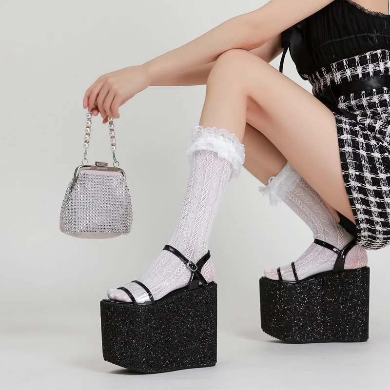 

New Fashion Rhinestones Wedge Sandals Women Summer 2022 High Heels Platform Shoes Woman Thick Sole Black White Chunky Sandals