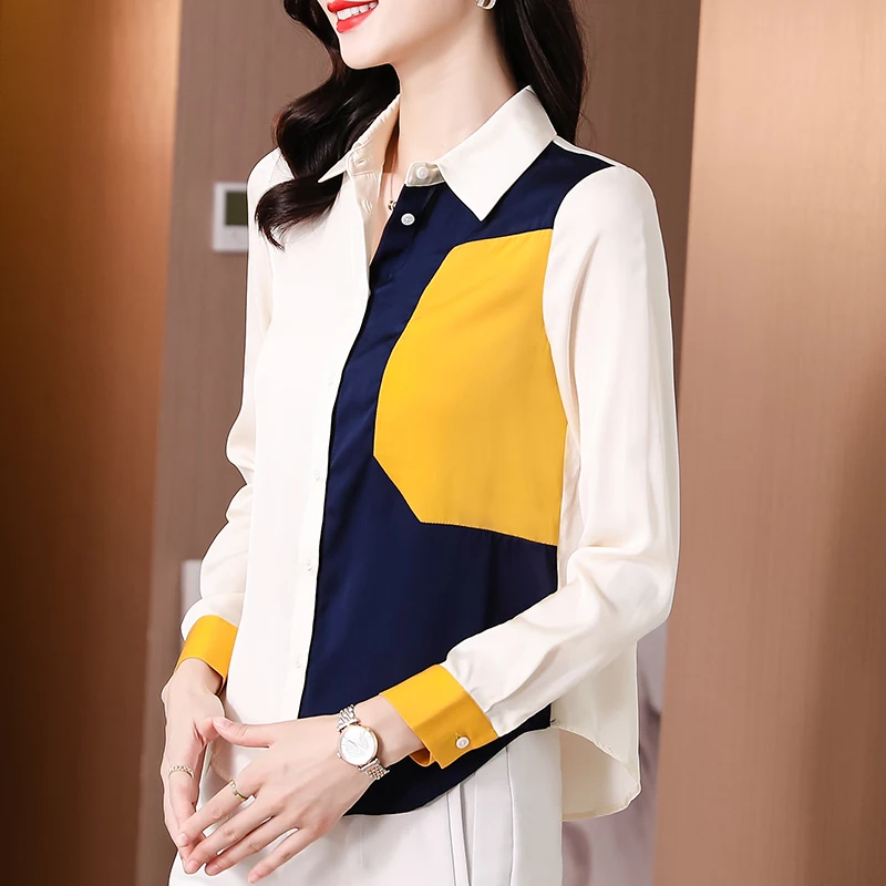 

Satin Women's Blouse Loose Spring Summer Long Sleeve Top Clothing Casual Splicing Lady Polo Shirt Houthion