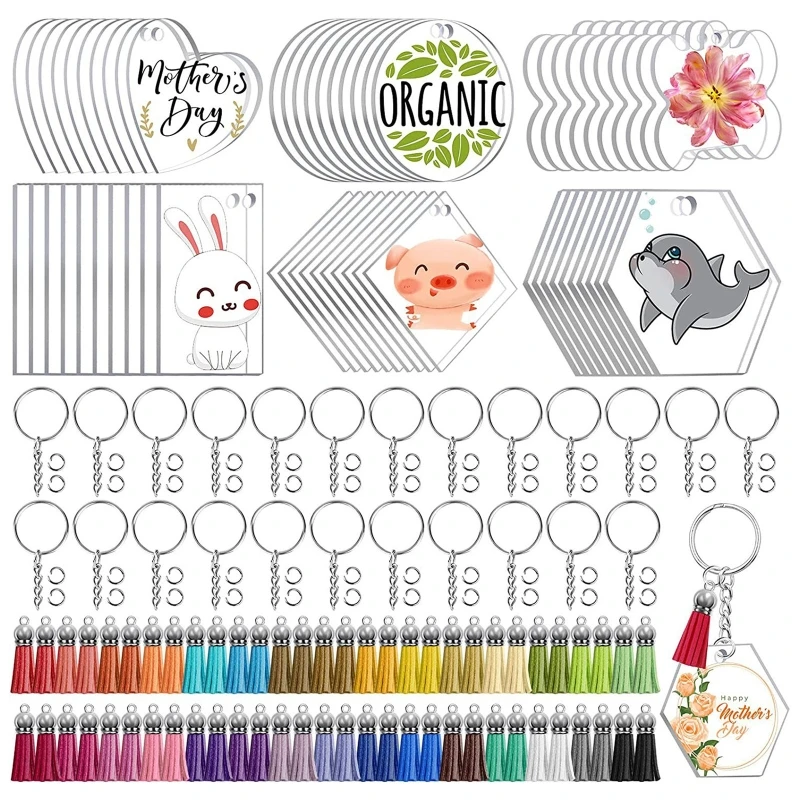

Acrylic Keychain Blank Transparent Ornament Pendants Keychain Tassels Key Chain Rings Jump Rings Set for DIY Craft