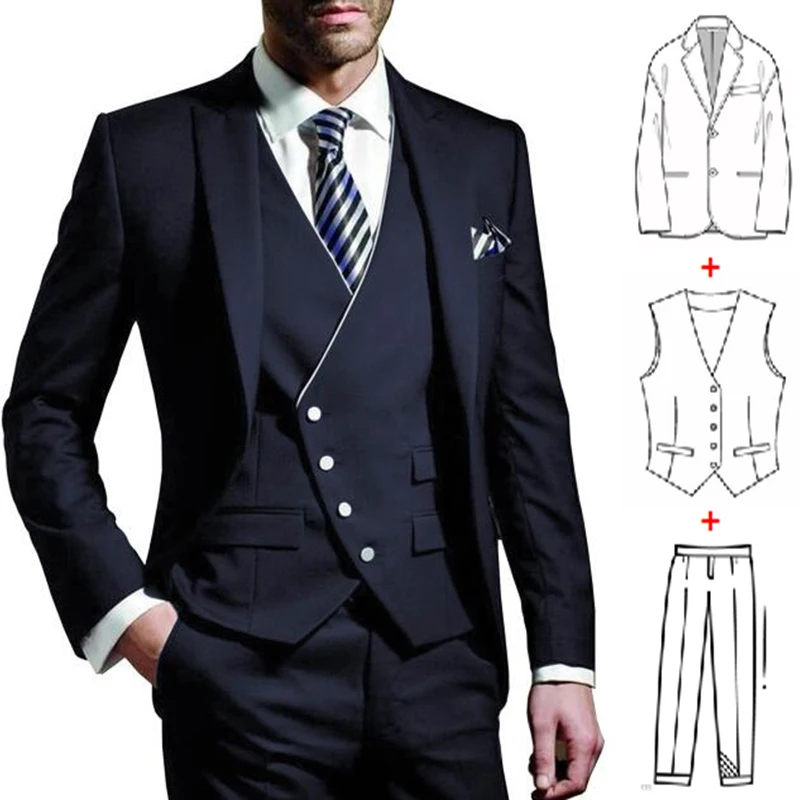 Classic Suit for Men 3 Pieces Navy Blue Business Blazer Male Suits Formal Wedding Tuxedos Groomsmen Formal Party Wear