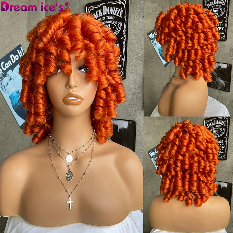 

Short Afro Loose Wave Curl Orange Black Synthetic Bob Wig With Bangs For Black Women Heat Resistant Cosplay Wig Dream ice's