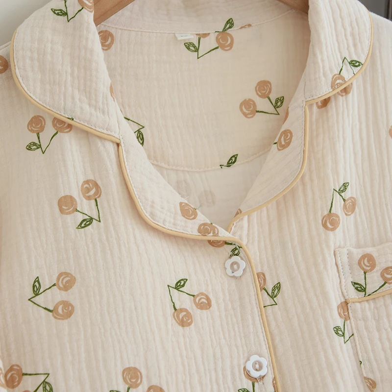 Cotton Yarn Spring Summer Autumn Long Sleeve Pijama Suit Pure Cute Pajamas Set Loungewear Crepe Ladies Pyjama Sleepwear Female