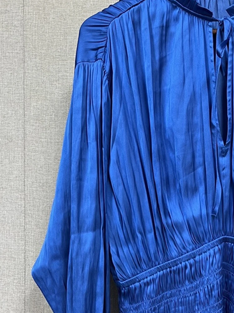 Ruffles Trim Dress Women's Lace-up Elastic High Waist Long Lantern Sleeve Female 2023 New Mini Robes Spring Summer