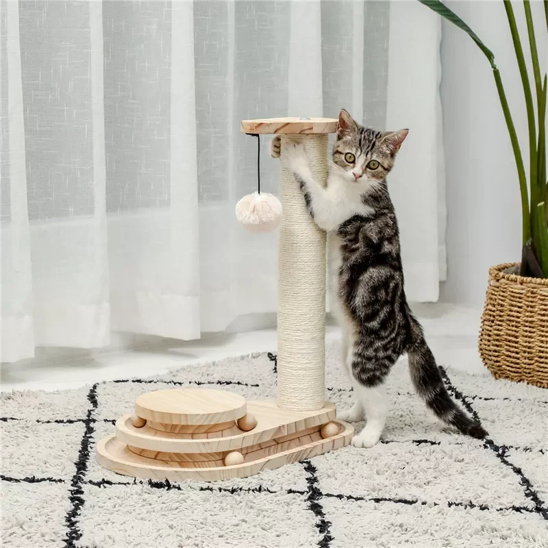 

Интерактивная деревянная игрушка для кошек, двухслойный вращающийся умный Трековый мяч, Когтеточка для кошек с свисающим шариком