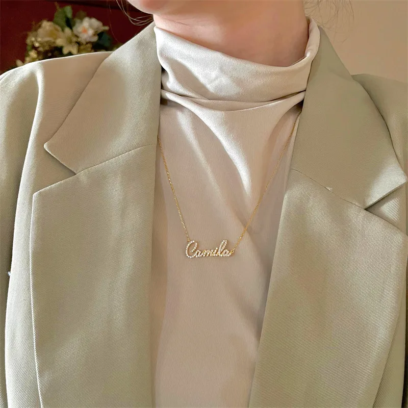 New Stainless Steel Customized Name Zircon Necklace Personalized Crystal Name Necklaces Pendant Chain for Women Valentine's Day