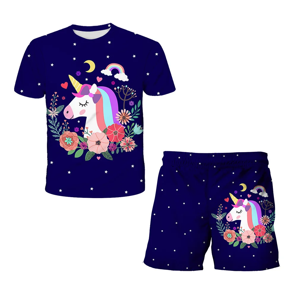 Baby Girl Unicorn T-shirts Shorts Set 2-14 Years Kids Suits Girls T Shirts Children Summer Short Sleeve Tops Infant Clothing