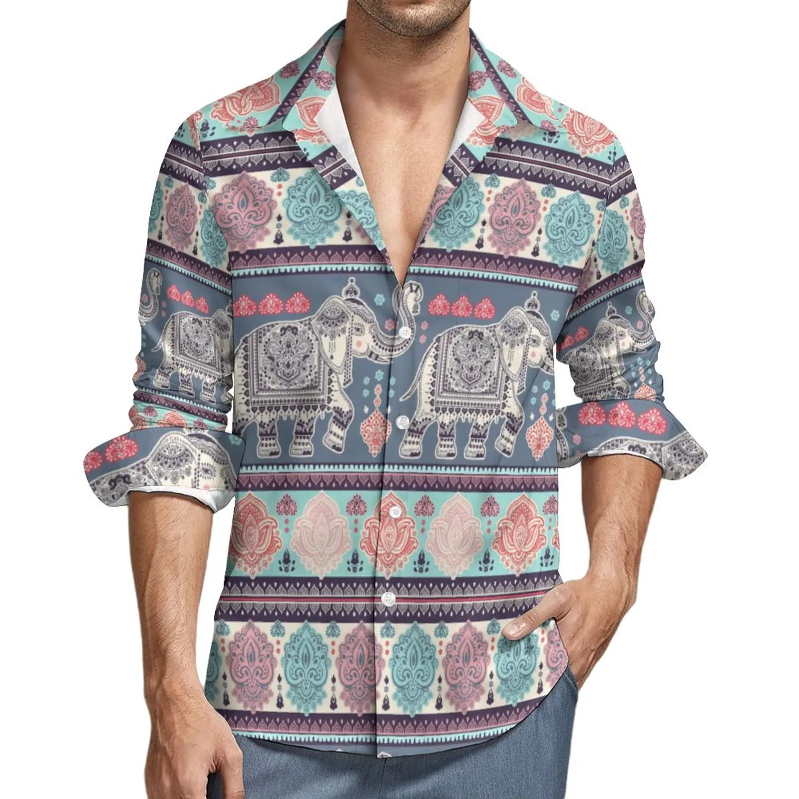 

Retro Elephant Harajuku Casual Shirt Men Flowers Print Shirt Autumn Retro Blouses Long Sleeve Graphic Oversized Tops