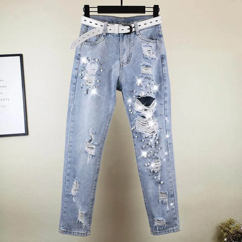 

Heavy High-end Beading Jeans Women's Spring Autumn 2023 New Fashion High-waisted Beggar Nine-point Baggy Pants for Female SY2331