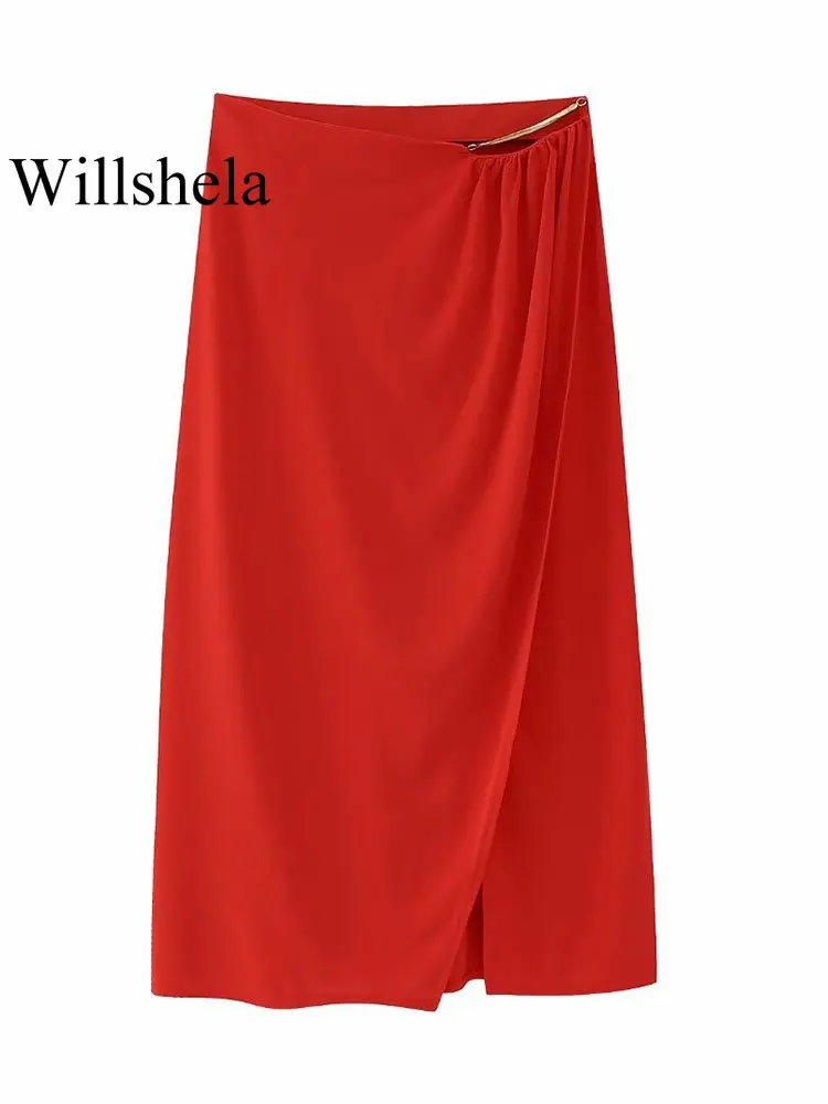 

Willshela женское модное красное плиссированное Ассиметричное платье миди винтажные женские шикарные юбки с высокой талией