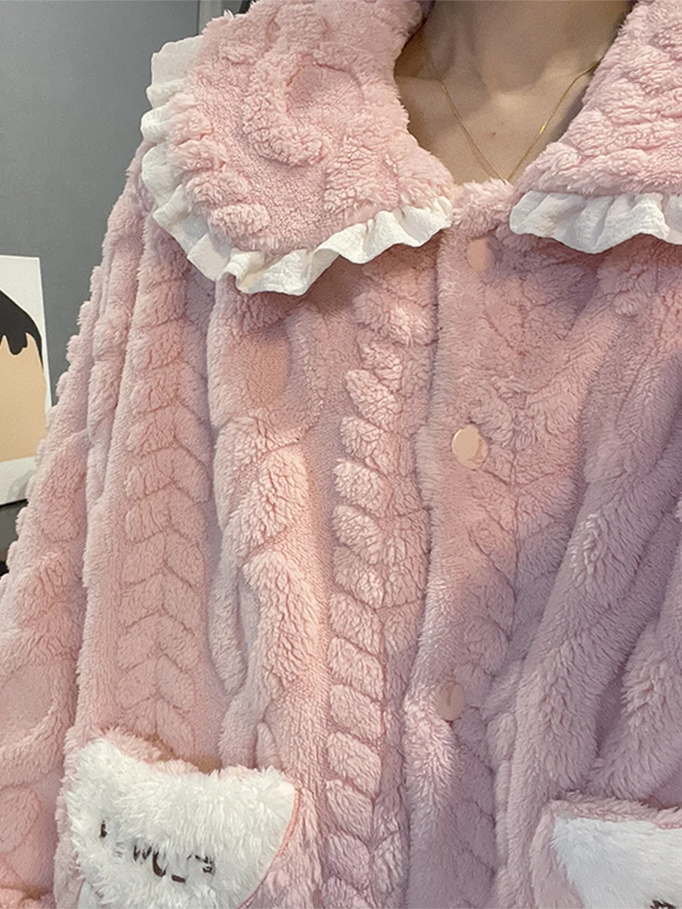 Autumn and Winter Coral Fleece Pajamas for Women Plus size Thick Warm Flannel Can Be Worn outside Spring Pink Home Wear Set