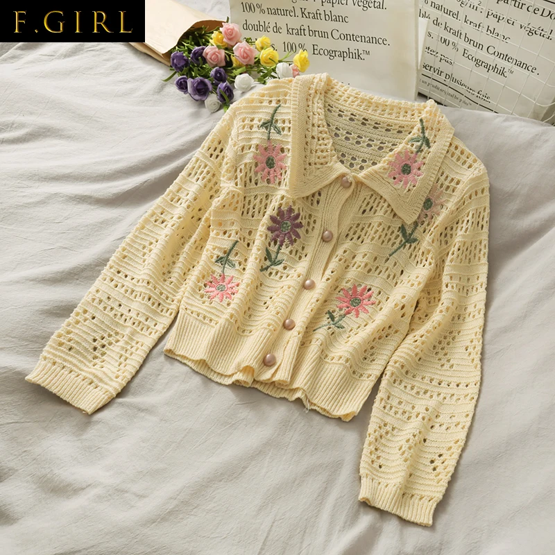 F GIRLS    Thin Hollow Out Cropped Cardigan Women Elegant Ulzzang Floral Embroidery Knitted Girl Outwear Chic All-match Lady