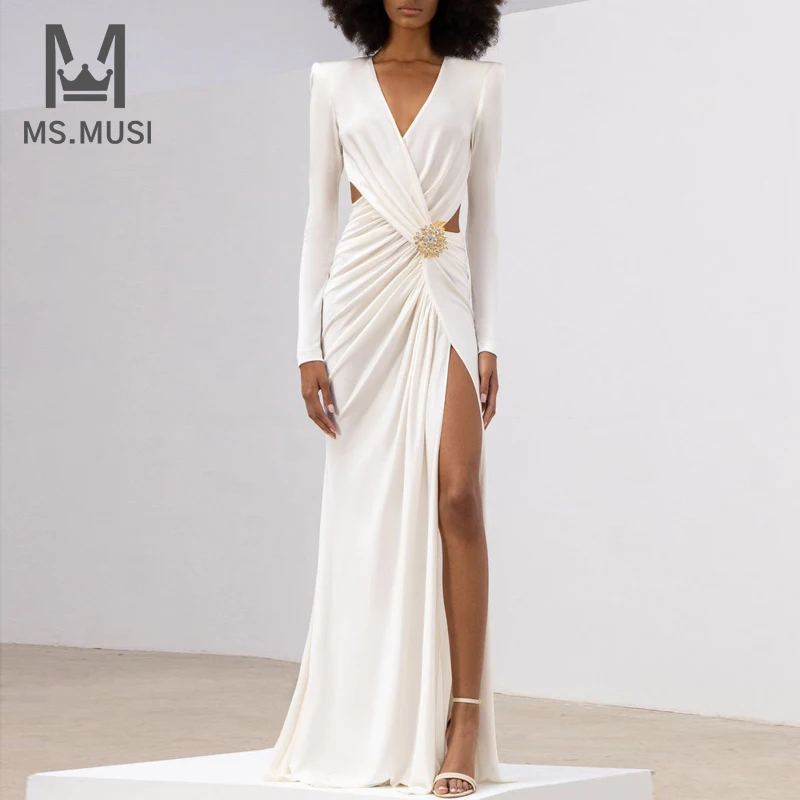 MSMUSI 2023 New Fashion Women Sexy Crystal Button Hollow Out Fold Slit Long Sleeve Bodycon Party Club Maxi Dress Long Dress Gown
