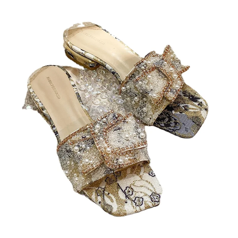 Summer Luxury Thick Heel Sandals and Slippers Women's Fashion Crystal Flat Bottom Thick Heel Slippers Ladies Flip Flops Sandals