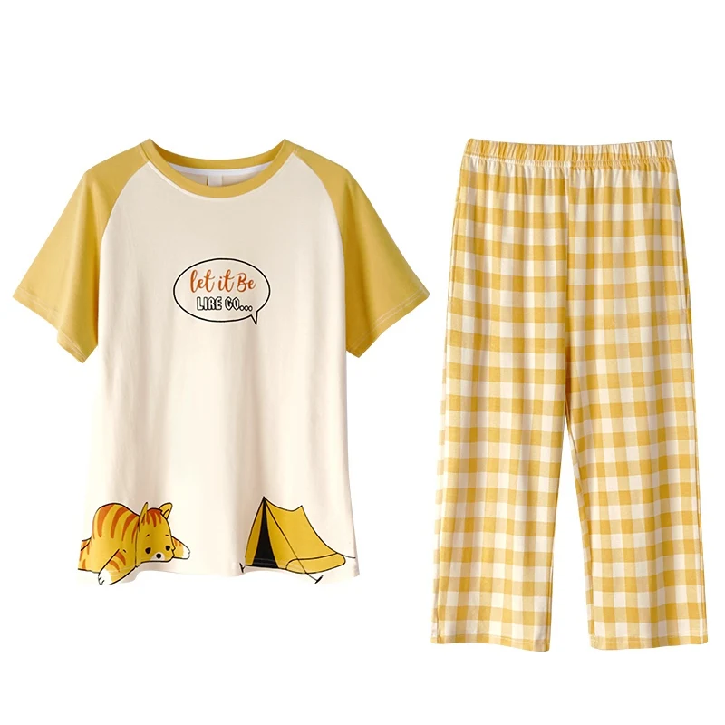 

2022 Summer Short Sleeve Calf Length Pajama Sets for Women 100% Cotton Casual Plaid Sleepwear Homewear Pijama Mujer Home Clothes