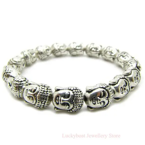 

Rare Chinese Silver Carved Punk Bracelet Buddha Head Beads 10mm Exquisite Small Statues Gift Bracelet