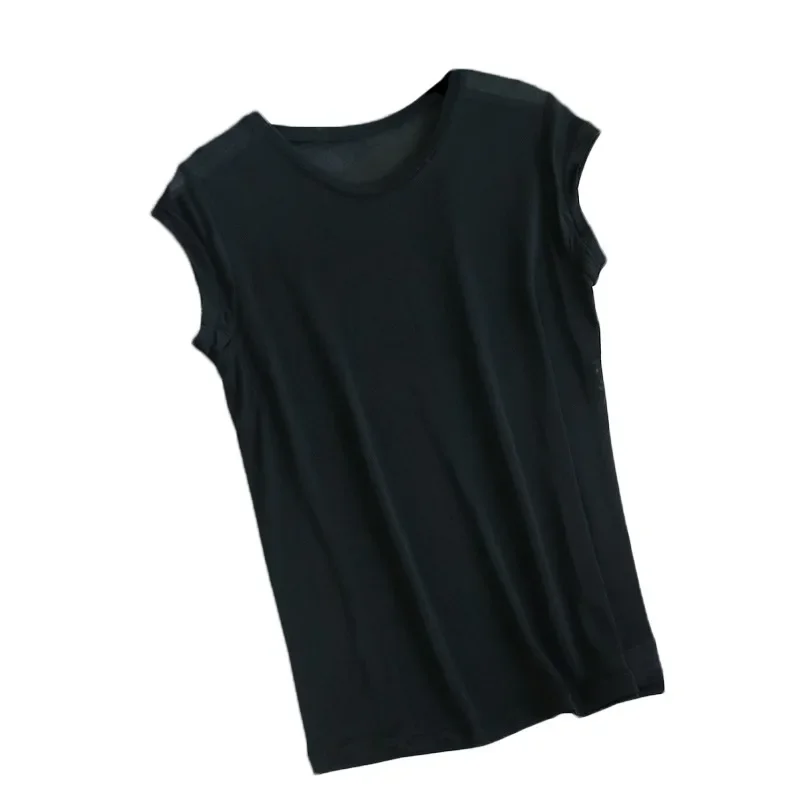 Tangge весна-лето натуральная шелковая футболка с короткими рукавами и круглым