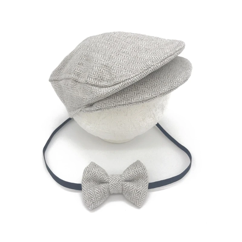 

K92D 2 Pcs Newborn Photography Props Baby Peaked Beanie Solid Color Hat Bow Tie Infants Photo Shooting Fotografia