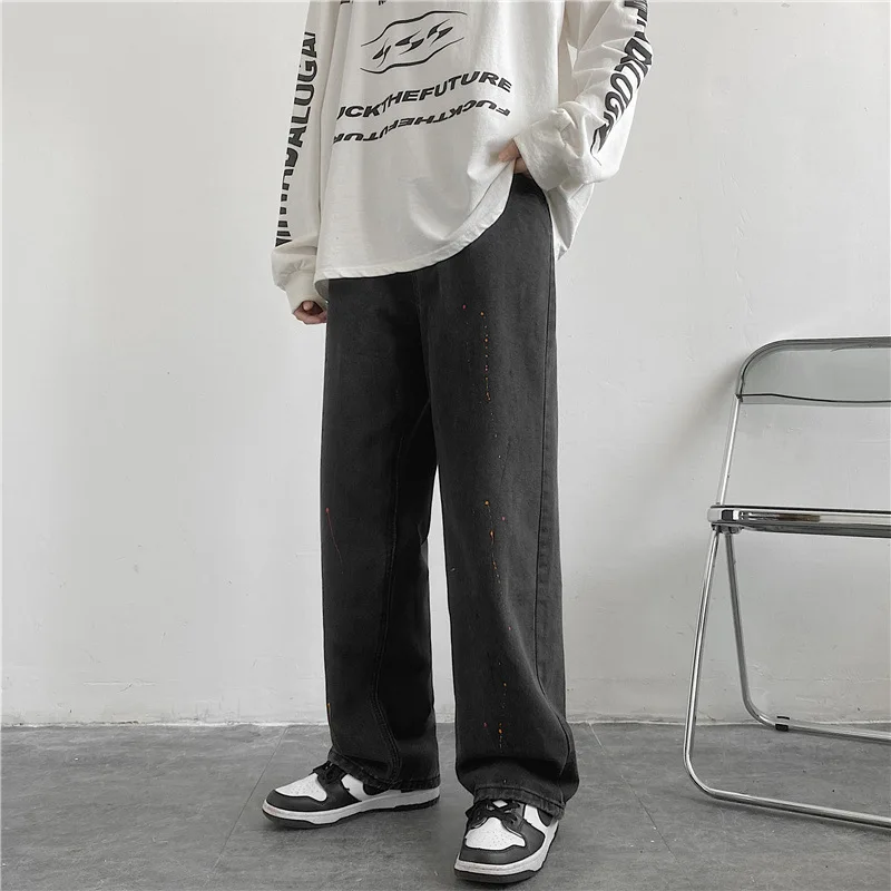 Ink Splash Print Men's Jeans Straight Loose Solid Color Casual Pants Y2k Korean Style Clothes Hot Sale Jeans Baggy Jeans