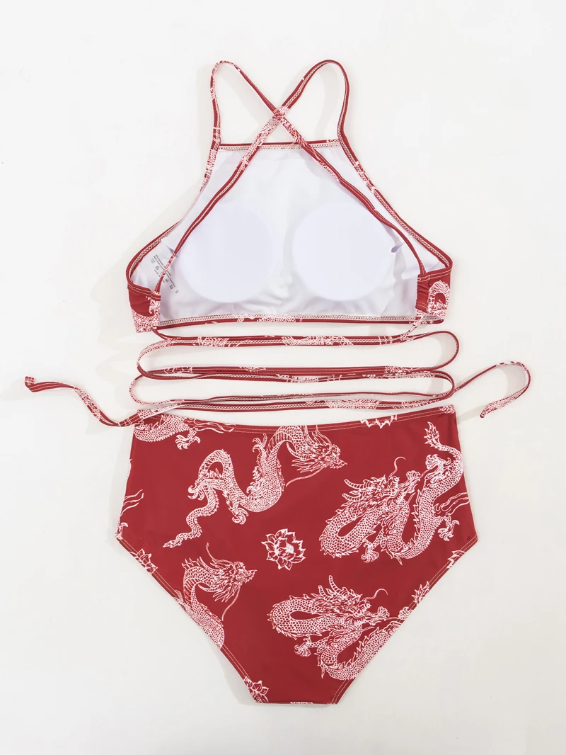Swim CyxWzy 2022 Trendy Chinese Classical Style Zodiac Dragon Sexy Halter High Waist Pull Rope Beach Party Two-piece Swimsuit