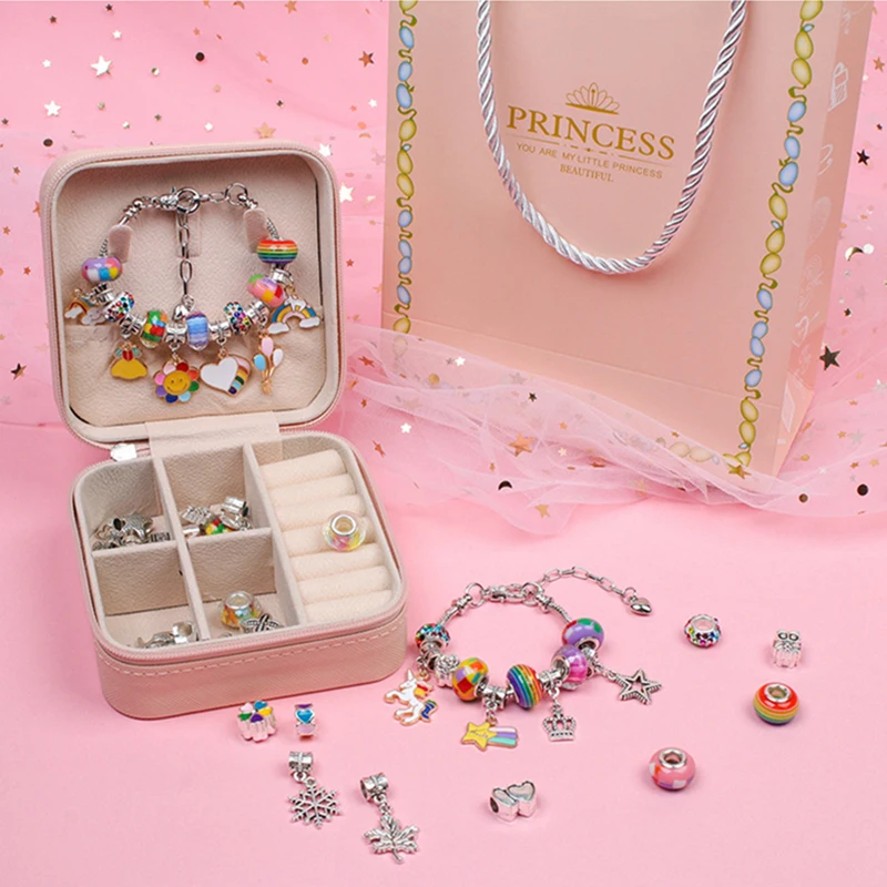 

Fit Pandora Charms Bracelet Set Pink Zipper Box Girls DIY Rainbow Ocean Beads Accessories Women Jewelry Making Kit For Kids Gift