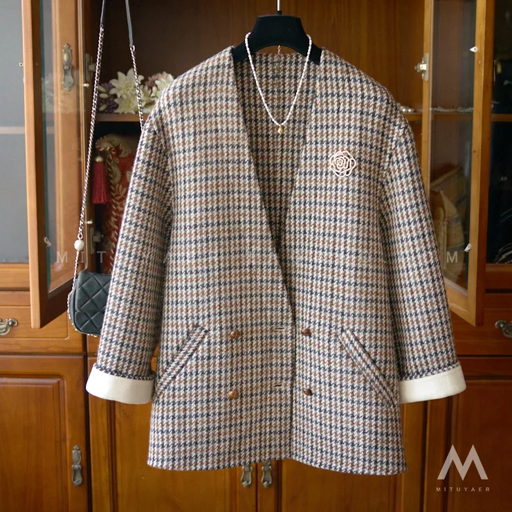 

Женский клетчатый костюм с принтом тысяч птиц, двубортный приталенный костюм в классическом стиле с V-образным вырезом и отворотами на рука...