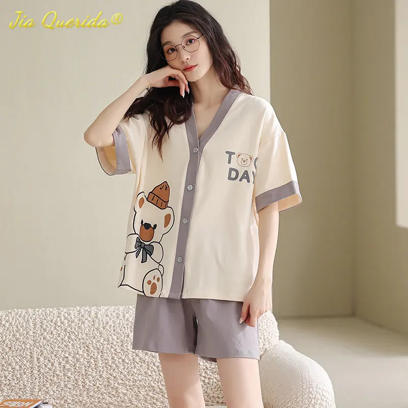 

High Quality Woman's Pajamas Set 100% Cotton Summer Shorts Sleepwear Fashion Kimono V-neck Homewear Casual Cute Pijama for Girl