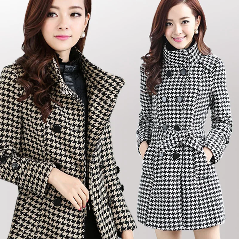 

Осенне-зимнее женское пальто, шерстяное пальто, модный двубортный клетчатый Топ средней длины с кулиской, пальто и куртки для женщин 2022