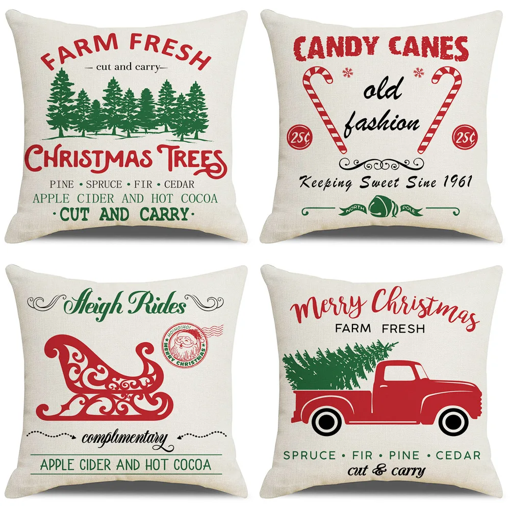 

Рождественская Наволочка 18x18 дюймов, Рождественская наволочка, сани, Рождественская елка, тростник, автомобильная льняная наволочка с прин...