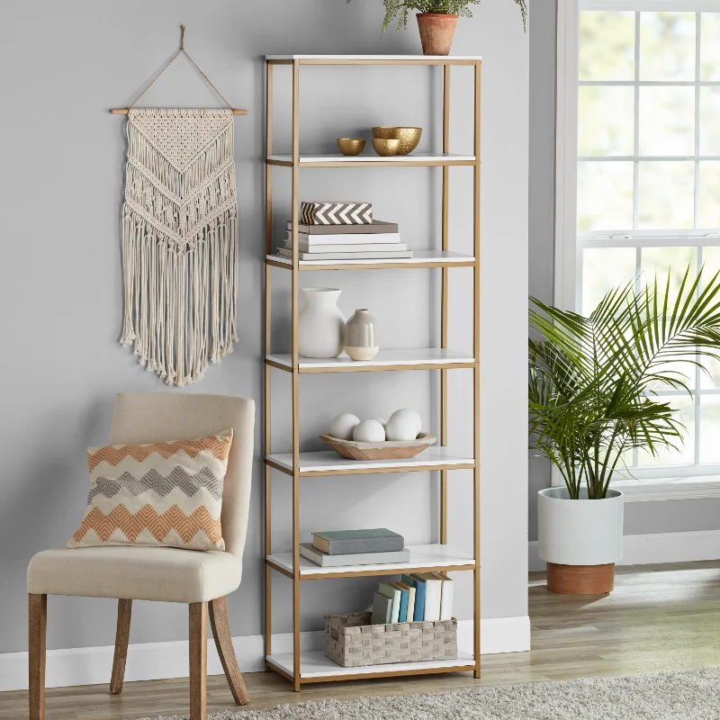 Mainstays 6-Shelf Gold Metal Frame Bookcase, White storage organizer shelf shelves