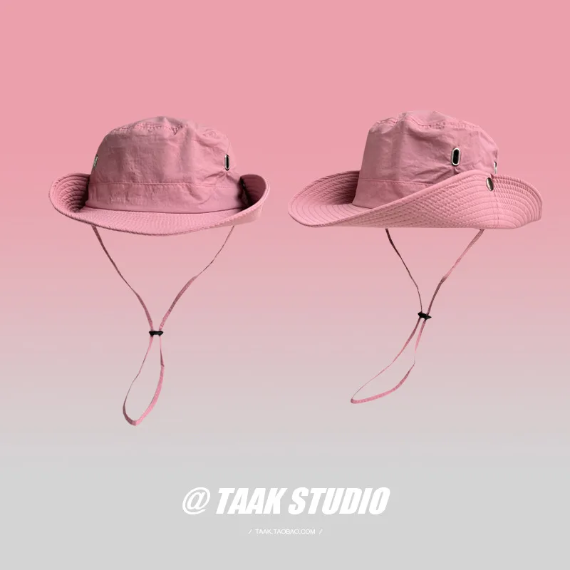 

Pink Western Cowboy Hat Japanese Style All-Matching Drawstring Bucket Hat Female Outdoor Sunshade Camping Mountaineering Fishin