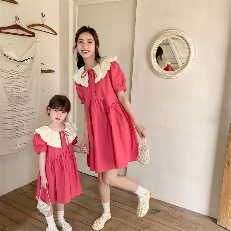 

Sweet Style Mother And Daughter Family Matching Outfits 2022 Summer New Turn-Down Collar Solid Loose Princess Clothes