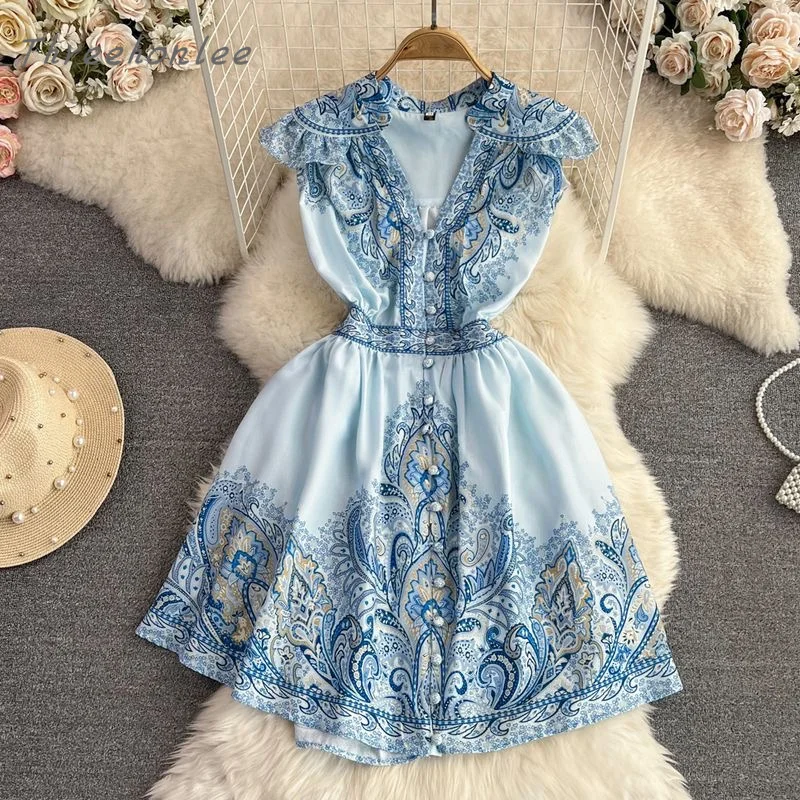 

Summer Women's Fashion Sense V-neck Peplum Lantern Sleeve Dress Retro Tribal Ethnic Style Sleeveless Printed A-line Mini Skirt