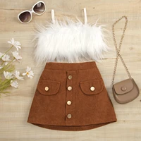 kid baby girl clothes set solid color feather sleeveless camisole high waist button a line skirt fall autumn suit