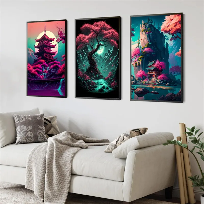 Японский Художественный Природный Пейзаж Неоновый Постер Киберпанк Путешествия