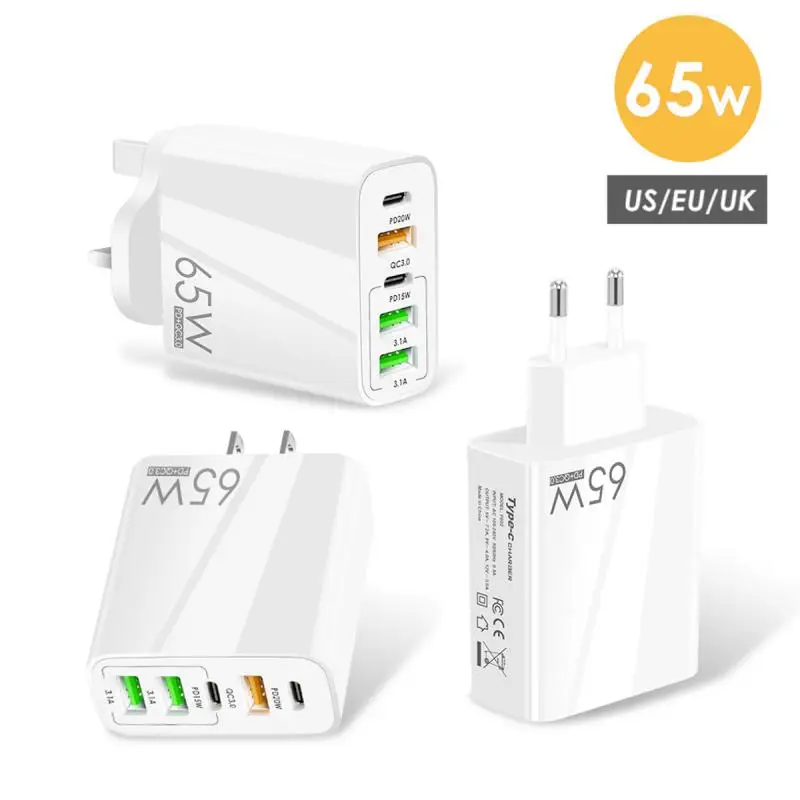 

65W Fast Charger USB PD Muti Plugs Mobile Phone Quick Charging Type C Wall for iPhone Xiaomi Samsung EU/US/UK Charger