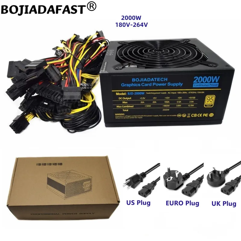 

2000W ATX PSU Computer Power Supply With Quiet Lower Noise Fan 180V~264V Support 8 GPU Rig Frame