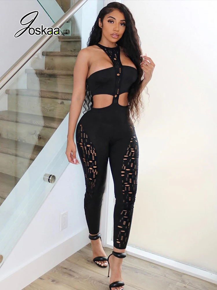 

Joskaa Hollow Out Back Zipper Stretchy Bodycon Romper Summer 2022 Black Jumpsuit Women One Piece Outfit Sexy Party Clubwear