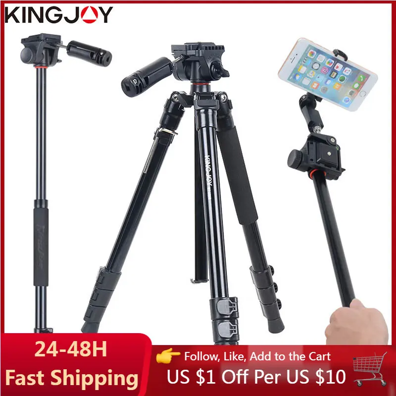 KINGJOY Light Weight Tripod Portable Aluminum Camera Monopod Stand With Selfie Stick Holder For Mobile Phone, DSLR and Camcorder