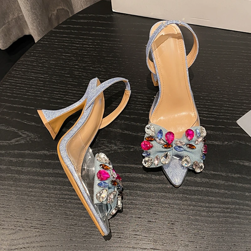 Новинка 2024 модные женские прозрачные сандалии с острым носком на каблуке
