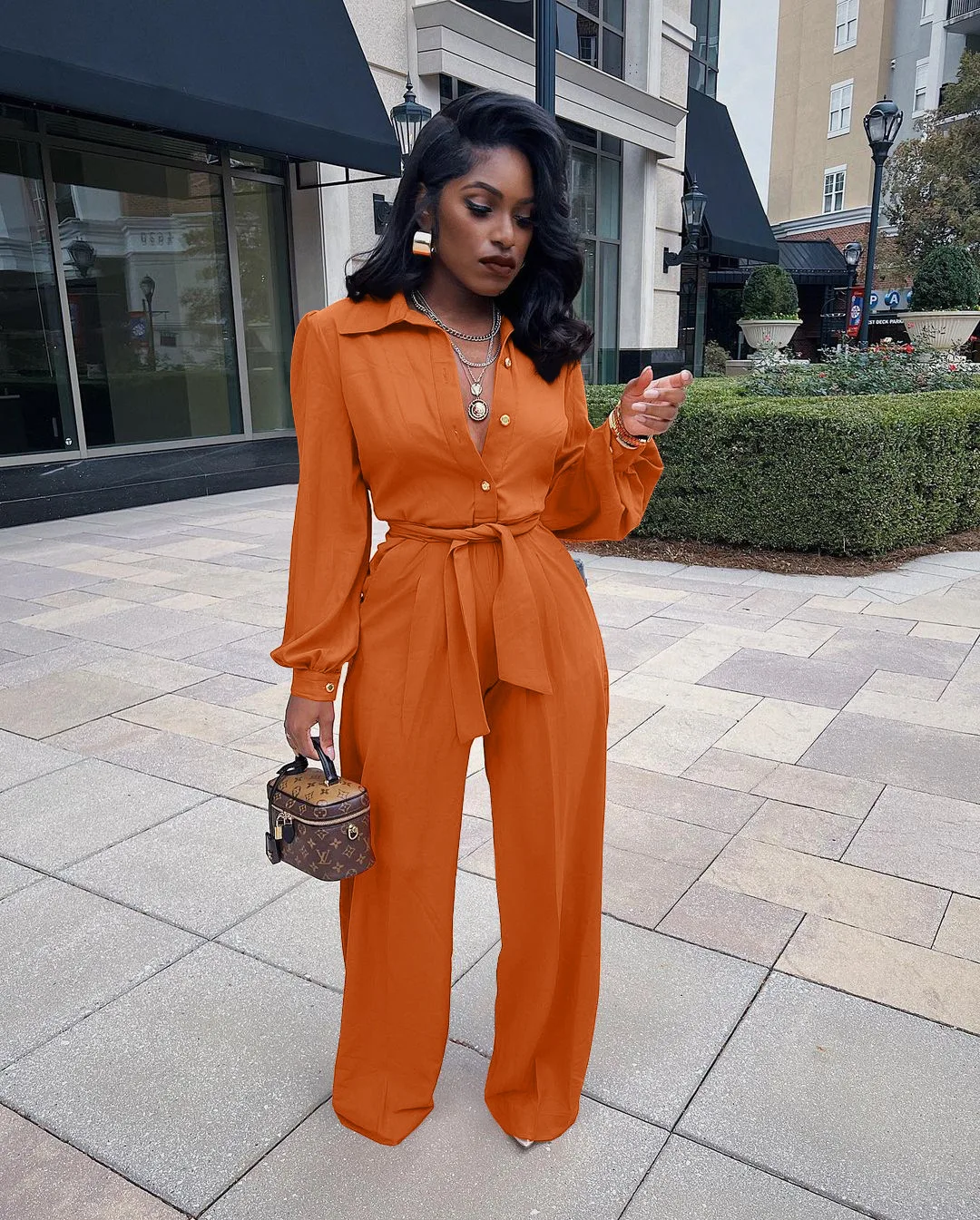 

Streetwear Casual Jumpsuits for Women Long Sleeves Lapels Single-breasted Belted Wide Leg Pants 2022 Fashion Overalls for Women