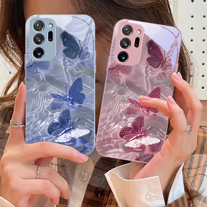 Gradient Butterfly Blue For Samsung Galaxy Note 8 9 10 PRO 20 Ultra A01 02 03 Core 04E 4G 12 13 5G Tempering Glass Phone Case