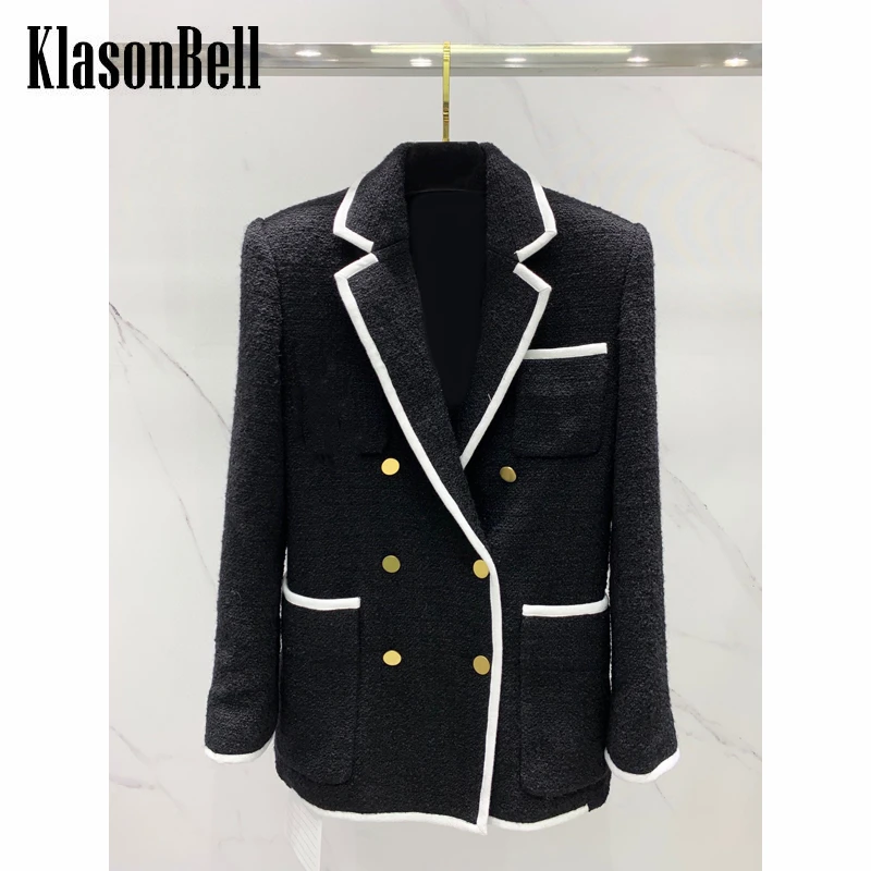 

12.10 KlasonBell Fashion Contrast Color Patchwork Double Breasted Wool Tweed Blazer Women